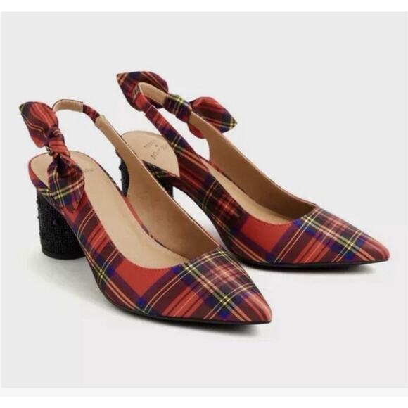 Torrid Betsey Johnson Red Holiday Plaid Slingback Pumps Bling Heels 9W - Picture 1 of 8